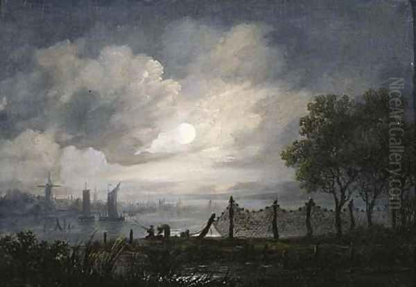A moonlit river landscape with anglers - view 1
