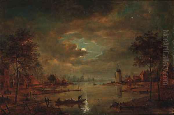 A moonlit river landscape with figures in a boat, a windmill beyond - view 1