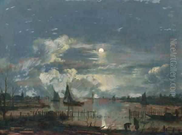 A moonlit riverlandscape, with shipping and fishermen on the shore inspecting their nets and lobsterpots - view 1