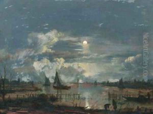 A moonlit riverlandscape, with shipping and fishermen on the shore inspecting their nets and lobsterpots