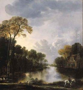 A river landscape at night with a ferry pulled on a rope by a rider in the foreground
