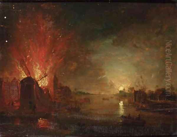 A mill on fire on a riverbank, by moonlight - view 1