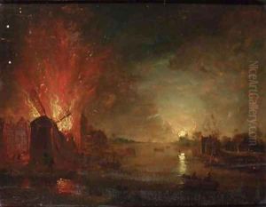 A mill on fire on a riverbank, by moonlight by Aert van der Neer