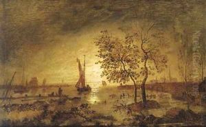 A moonlit estuary with fishing boats and a town beyond