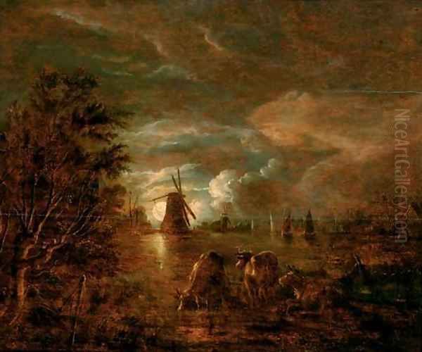 A moonlit river landscape with cows in the foreground, a windmill beyond - view 1