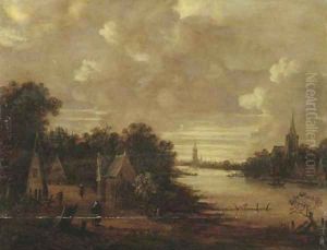 A moonlit river landscape with figures on a track, a church in the distance by Aert van der Neer
