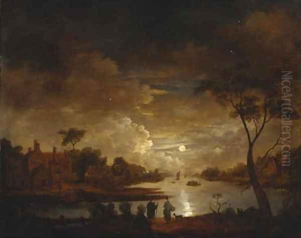 A moonlit river landscape with figures on a track, cottages beyond - view 1