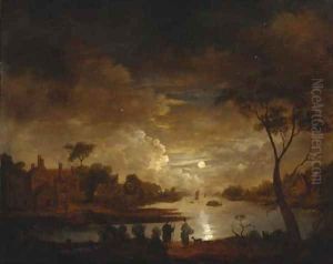 A moonlit river landscape with figures on a track, cottages beyond