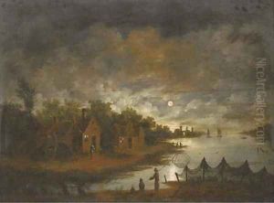 A moonlit river landscape with fishermen by the bank