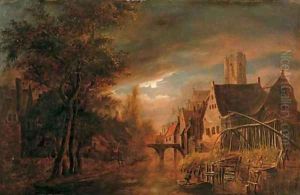 A moonlit river landscape with fishermen, a village nearby