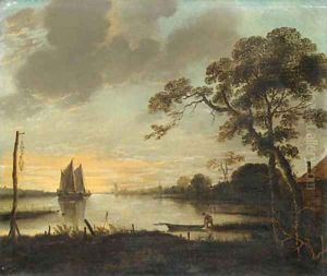 A River Landscape at Dusk with a Fisherman and a Rowing Boat, sailing boats beyond