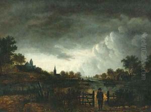 A river landscape at sunset with a peasant by a gate by Aert van der Neer