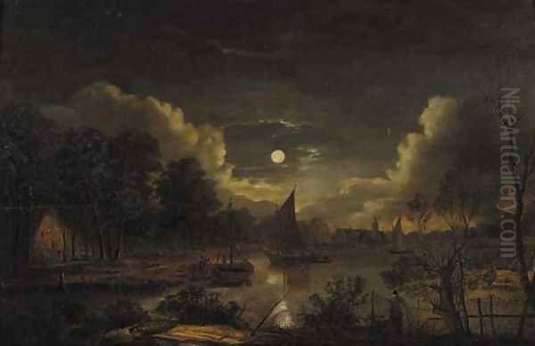 Fishermen sailing on a river by a village at night - view 1