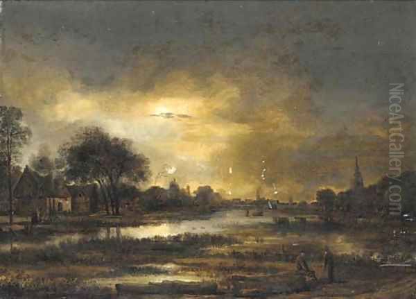 A moonlit landscape with two peasants conversing near a lake in the foreground - view 1