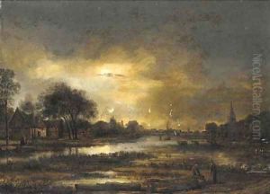 A moonlit landscape with two peasants conversing near a lake in the foreground