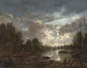 A moonlit river landscape with figures and shipping, a town beyond