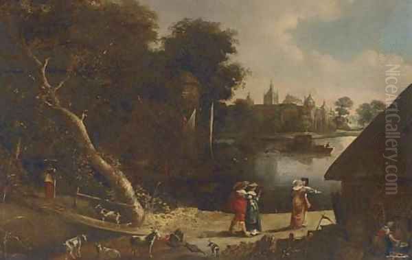 A wooded river landscape with elegant company on a track - view 1