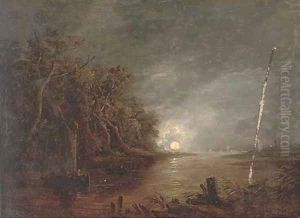 A moonlit river landscape; and The Madonna with male saints A moonlit river landscape; and The Madonna with male saints