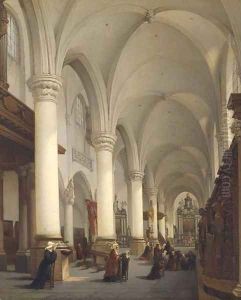 Interieur de l'Eglise Saint Paul d'Anvers a church interior with figures in prayer by Bernard Neyt