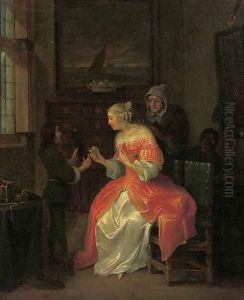A page presenting a portrait miniature to an elegant lady in an interior by Eglon van der Neer