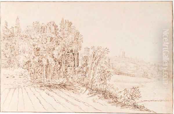 A ruined chapel among trees on a rise, the church of Santa Maria Nova, Rome, beyond - view 1
