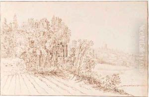 A ruined chapel among trees on a rise, the church of Santa Maria Nova, Rome, beyond