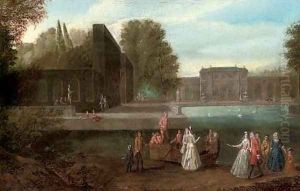 Elegant company disembarking from a boat in a lake in the grounds of a country house by Joseph Francis Nollekens