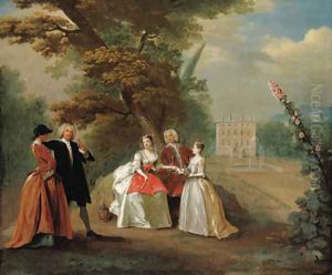 Elegant company in the grounds of a country villa by Joseph Francis Nollekens