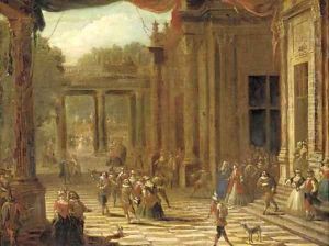 A capriccio of a classical palace exterior with elegant company at a masked ball by Joseph Francis Nollekens