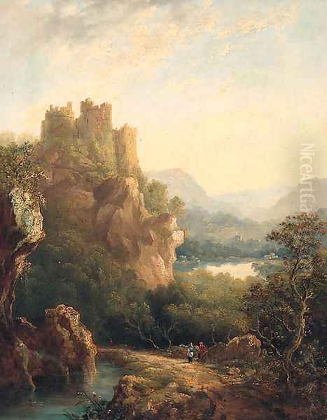 Figures resting on a Path before a hilltop Castle - view 1
