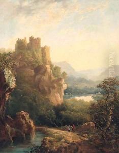 Figures resting on a Path before a hilltop Castle by Margaret Nasmyth