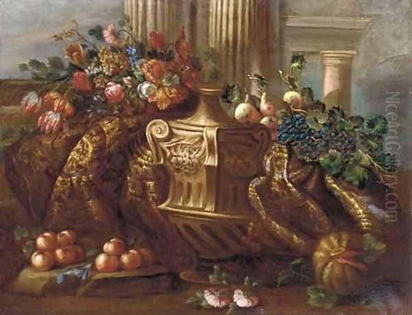 Mmixed flowers, grapes, pears, peaches, a melon and a carpet - view 1