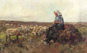 A shepherdess and flock in a heath landscape by Willem Van Der Nat
