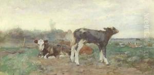 Calves in a pasture by Willem Van Der Nat