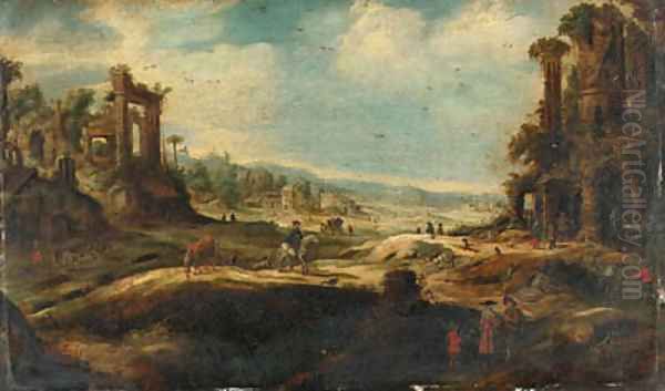 An extensive landscape with travellers by ruins - view 1