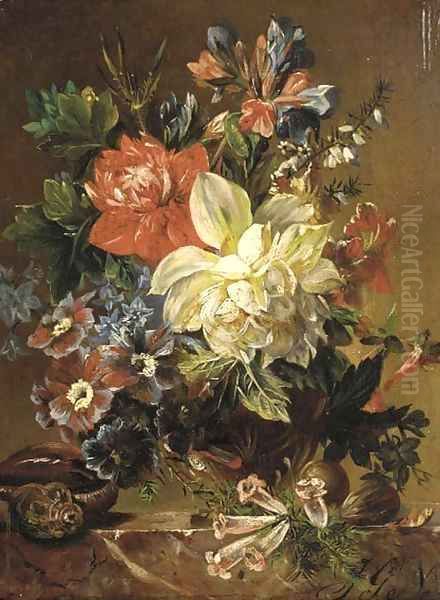 Flowers in a vase, a snail and a nut on a stone ledge - view 1