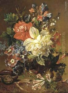 Flowers in a vase, a snail and a nut on a stone ledge