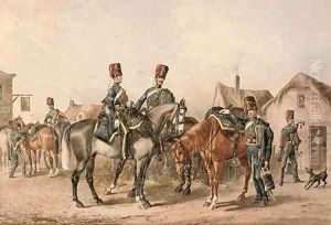 A detachment of the 8th Royal Hussars departing a country tavern