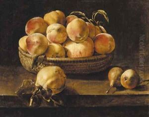 Still life of apples in a wicker basket with pears on a ledge by Rene Nourrisson