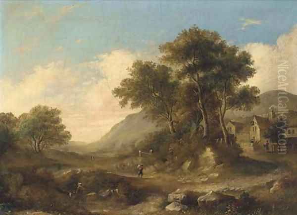 Figures on a path leading to an inn - view 1