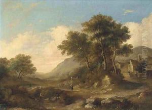 Figures on a path leading to an inn by Jane Nasmyth