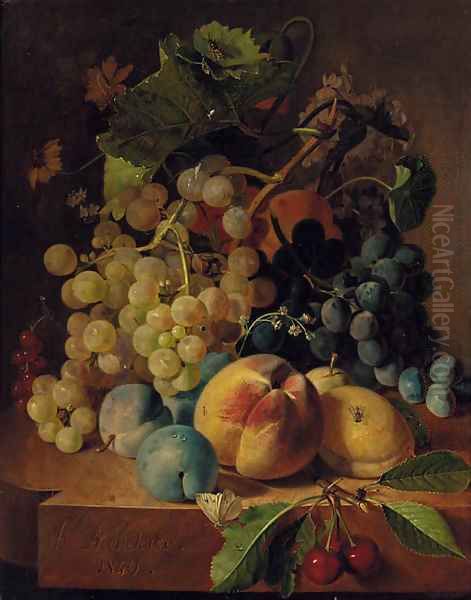 Grapes, peaches, plums and cherries on a marble ledge - view 1