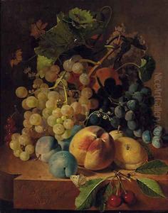 Grapes, peaches, plums and cherries on a marble ledge by Henri Nardeux