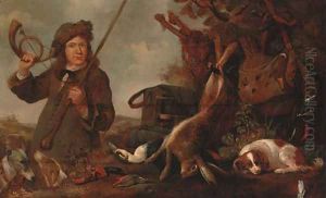 A huntsman with dead game and a spaniel in a landscape with hounds coursing beyond by Pieter Van Noort