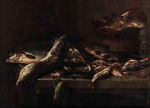 Carp, pike, eel, perch and other fish on a stone ledge by Pieter Van Noort