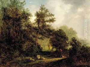 A forest scene with a shepherd, his dog and flock of sheep by Alexander Nasmyth
