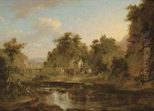 A river landscape with a watermill and an aquaduct, an artist sketching in the foreground