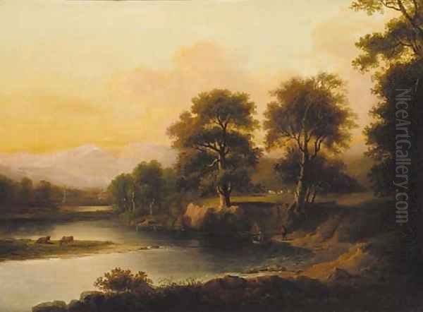 A ferry crossing in a wooded river landscape with a monument beyond - view 1