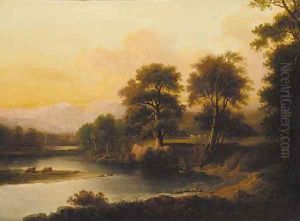A ferry crossing in a wooded river landscape with a monument beyond