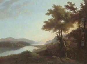 A mountainous wooded river landscape with a figure on a track and a castle beyond